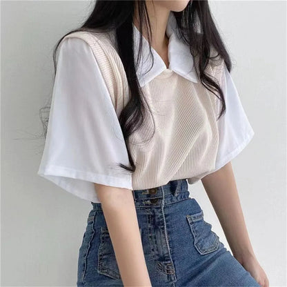 Summer Blouse Women Korean Style False Two-piece Polo Collar Blouses Y2k Tops Streetwear Loose Youth Pullovers Elegant Shirt.
