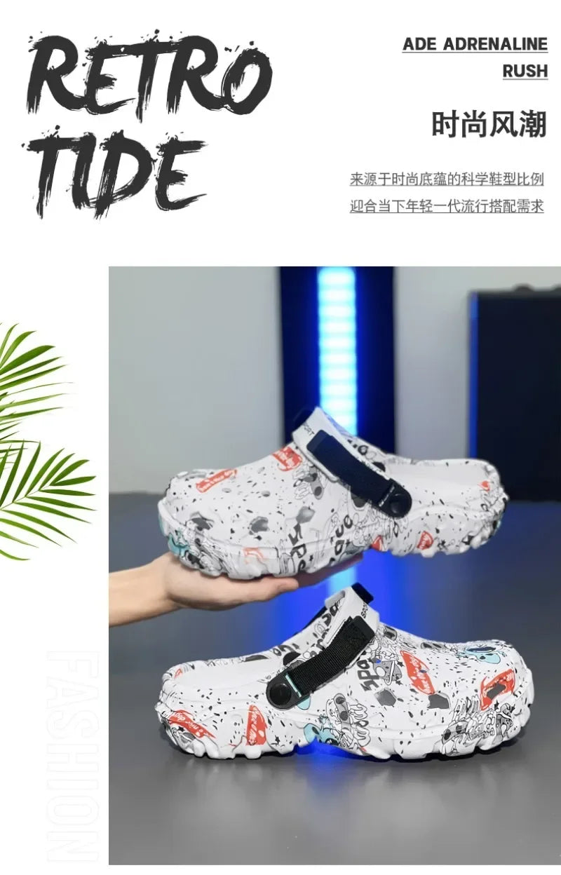 Plus Size 47 Men's Clogs 2025 Summer Sandals Beach Slippers Flat Sandals Men Leisure Slides Creative Printing Man Casual Shoes.