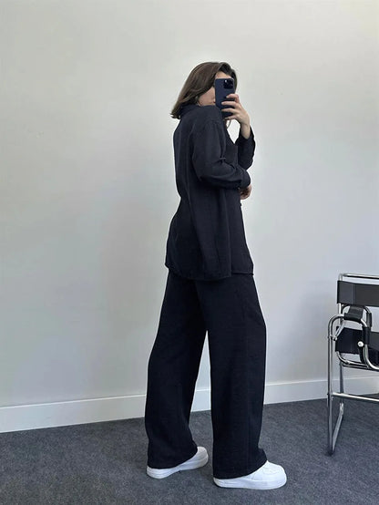 New Autumn Red Women Casual Two-piece Set, Features A Thin Long-sleeved Lapel Shirt Paired with Matching Drawstring Trousers.