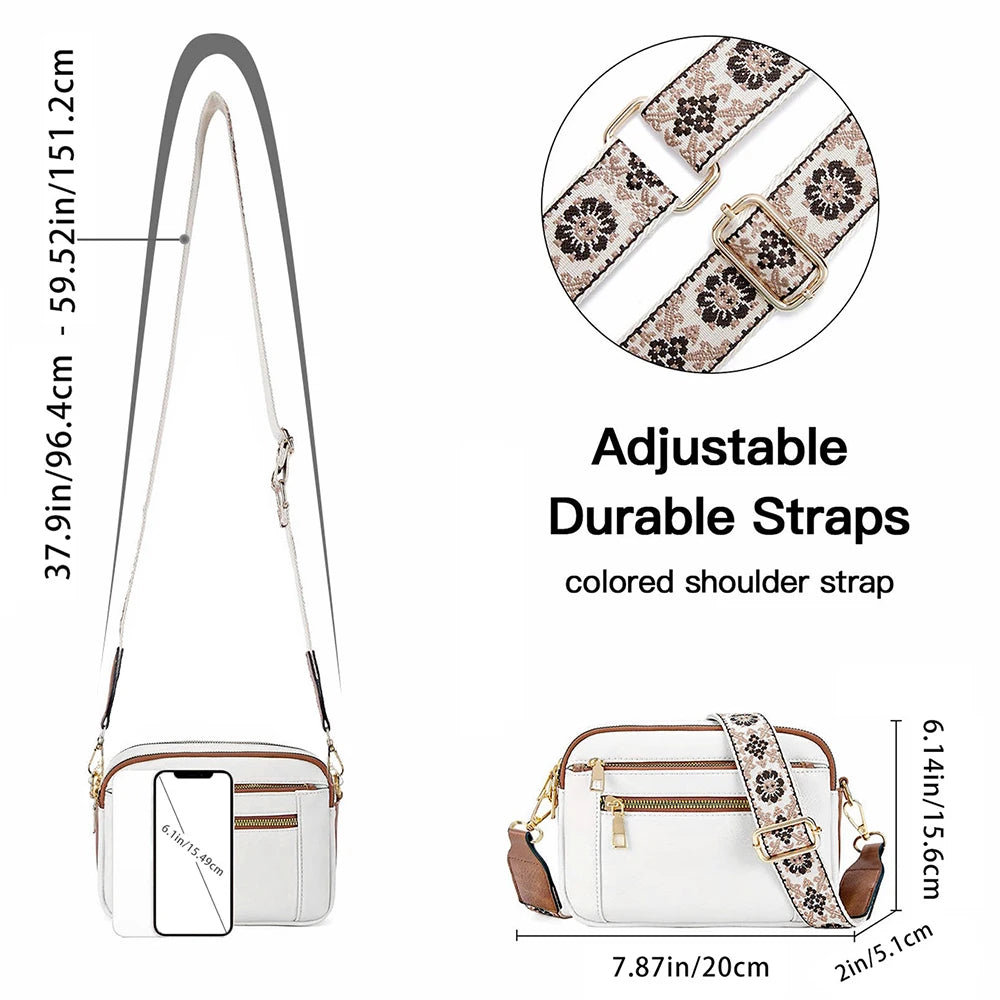 Stylish Wide Strap Shoulder Bag Women's Multiple Pockets Faux Leather Crossbody Bags Adjustable Strap  Travel Handbag Purse.