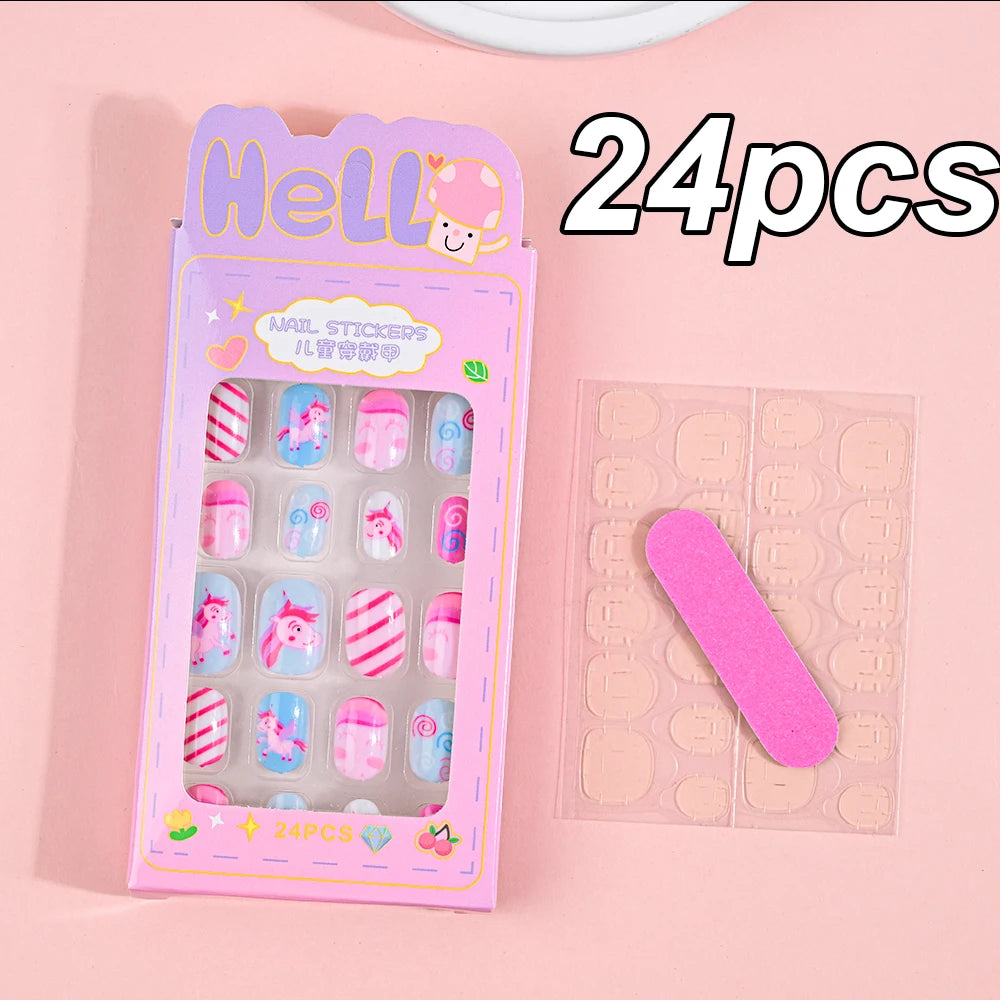 120pcs/box Pink Cartoon Children Press On Nails Candy Color Unicorn Cat Bunny Kids Full Cover False Nail Girls Party Nail Decora
