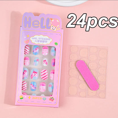 120pcs/box Pink Cartoon Children Press On Nails Candy Color Unicorn Cat Bunny Kids Full Cover False Nail Girls Party Nail Decora