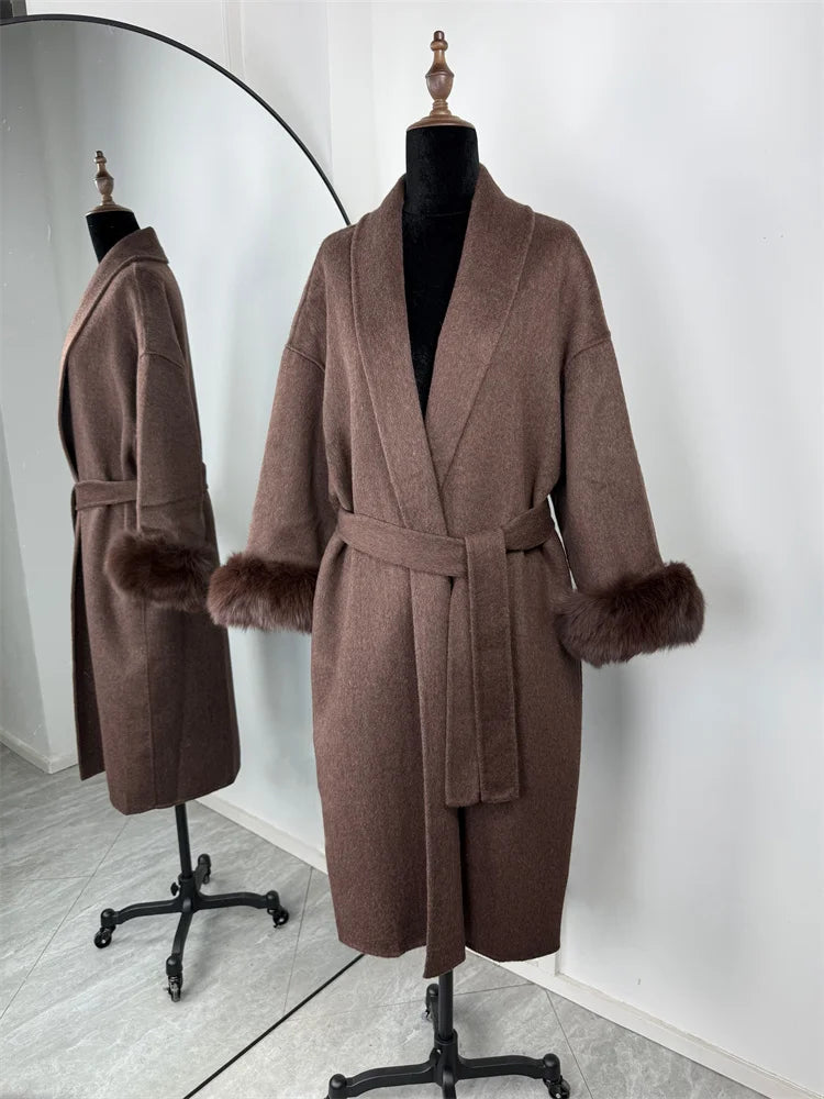 Tossy Fuchspelz-Wollmantel für Damen, kurzer Mantel, Bürodame, eleganter doppelseitiger Wollmantel, 2025, neue Strickjacke, Jacken, lockere Wolle
