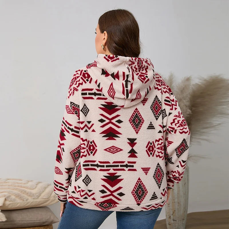 Kapuzenpullover für Damen, große Größe, Reißverschluss-Sweatshirts, ethnischer Druck, flauschiger Streetwear-Pullover, Herbst-Winter-Rollkragenpullover.