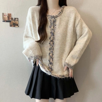 Pailletten-Strickjacke für Damen, Herbst und Winter, lockeres Schlankheitsoberteil