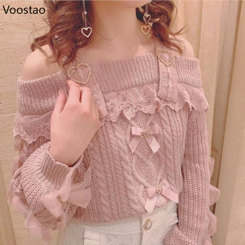 Vintage Sweet Lolita Style Knitted Pullover Autumn Girls Cute Off Shoulder Lace Ruffles Bow Sweater Women Harajuku Knitwear Tops.