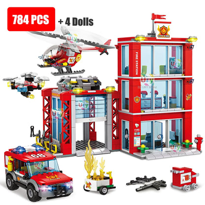 City Fire Station Ladder Truck Helicopter Car Rescue Boat Firefighter Figure Aircraft Model Moc Building Blocks Toy for Boy Gift.