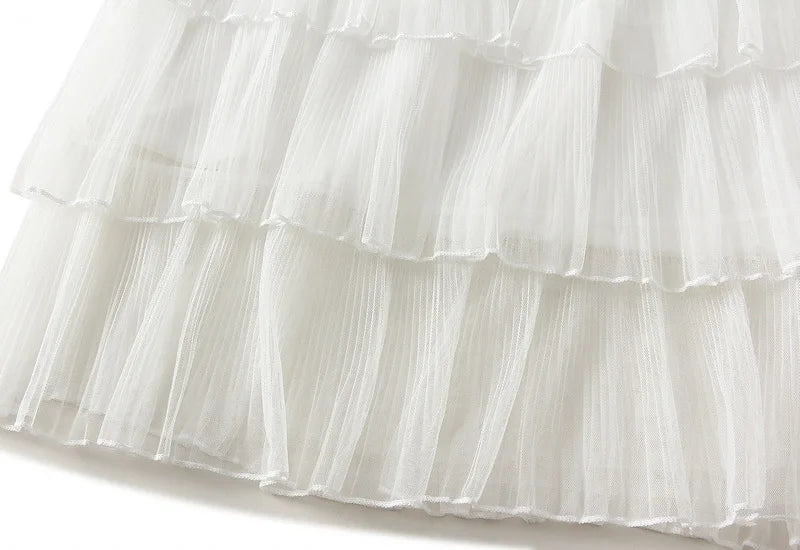 Beiyingni Woman Mesh Long Midi Cake Skirt Solid Color Elegant French Tiered Fairy Tulle Skirts Khaki Casual High Waist Faldas.