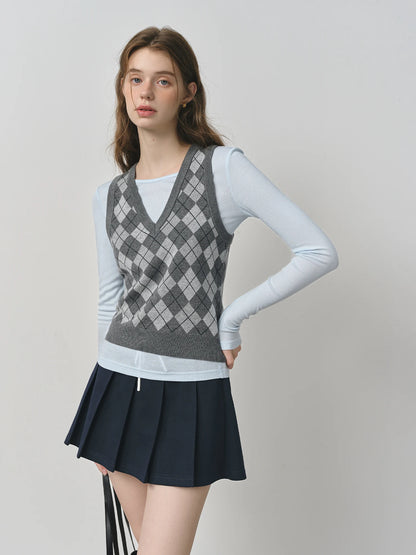 FSLE Plaid Rot Grau V-ausschnitt Gestrickte Weste Top für Frauen 2025, Herbst Neue Ankunft Retro College Stil Oberbekleidung Weste 25FS13248.