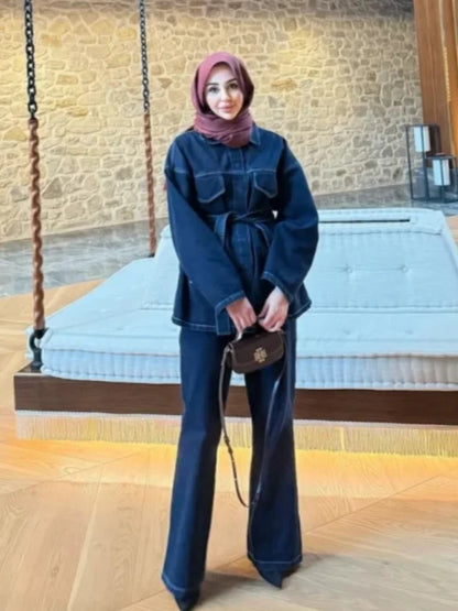 Retro Classic Denim Jacket Pants 2pcs Set Strap Coat Women Straight Leg Pants Autumn Stylish Women's Casual Suit