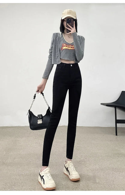 Spring and Summer Women's Casual Office Tight Solid Color Jeans Stretch Sexy Fashionable Classic Slim Fit Denim Pants Female.