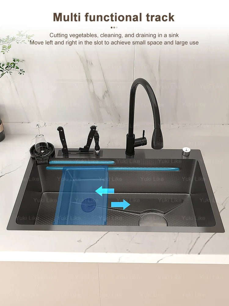 Stainless Steel Kitchen Sink Embossed Large Single-Slot With Kitchen Faucet Multifunctional Washbasin for Apartment