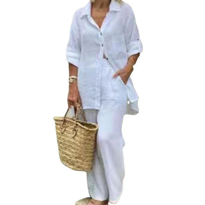 Elegant Solid Cotton Linen Shirt 2 Piece Set For Women Casual Outfits Autumn Long Sleeve Pocket Top Wide Leg Pants Suits Female.