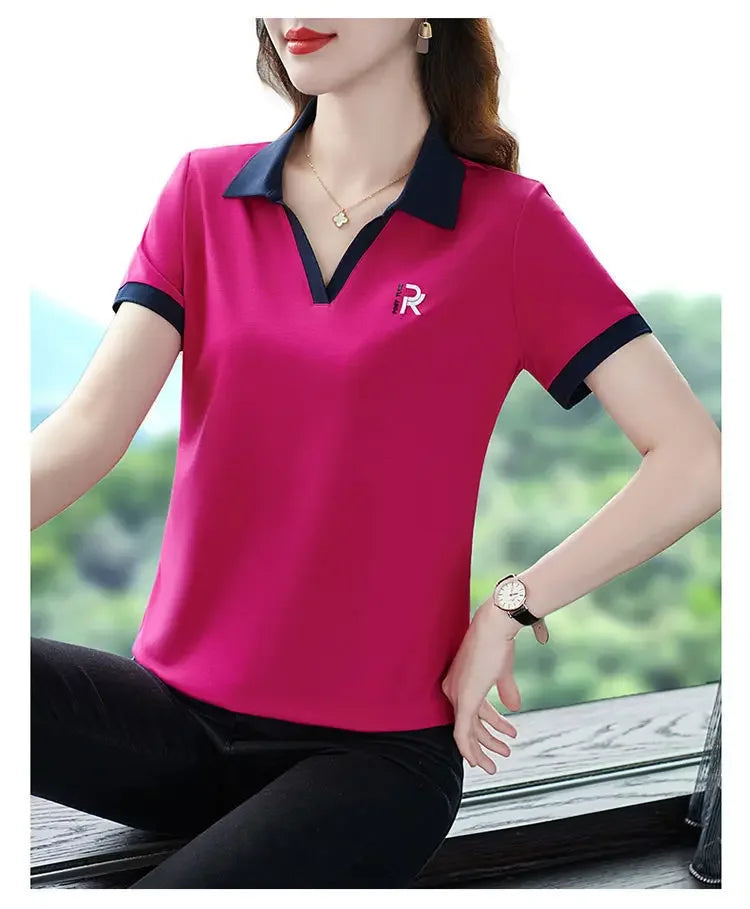 Women's Slim Fit Polo Shirt Short Sleeve T-Shirt Casual Sporty Loose Fashionable Summer Top Turn-down Collar Comfortable.