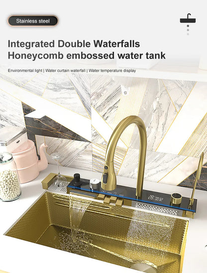 Golden Stainless Steel Waterfall Kitchen Sink Gold Embossed Extra Large Single Slot Digital Display Dishwashing Basin 100x50cm