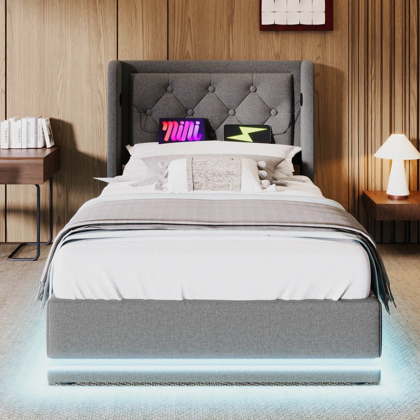 Gepolstertes Einzelbett 90x200 cm, graue Baumwolle, USB-C-Aufladung, 3-seitige LED (keine Matratze)