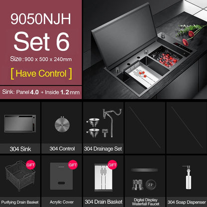 ASRAS Hidden Double Sinks Smart Purifying Kitchen Island Sinks Flip Cover Hidden 4mm Thickness Handmade kitchen Sinks