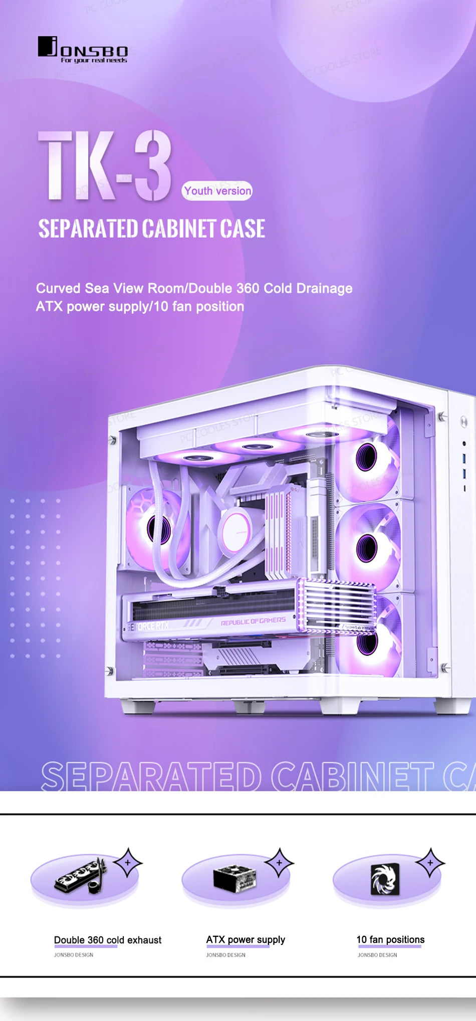 JONSBO TK-3 Desktop Chassis Curved Sea View Room Side Transparent ATX E-sports Case Double 360 Water Cooler Type-c Interface.
