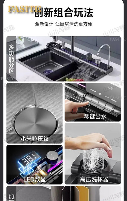 Waterfall kitchen sink nano thickened digital display honeycomb household single slot