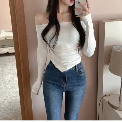 Korean Dongdaemun Fashionable Women's Clothing Off-the-shoulder Sexy Slimming Long Sleeve T-shirt Cropped Top Smooth Silhouette.