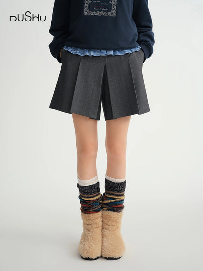 DUSHU Winter 2025 Women's A-Line Pleated Skort - Office Workwear Skirt with Elastic Waist Figure-Flattering for Casual Comfort.