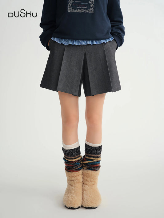 DUSHU Winter 2025 Women's A-Line Pleated Skort - Office Workwear Skirt with Elastic Waist Figure-Flattering for Casual Comfort.