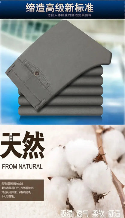Smart Casual Pure Cotton Anti-Wrinkle High Waist Loose Baggy Straight Thicken Men Spring Autumn Solid Color Mid Casual Pants.