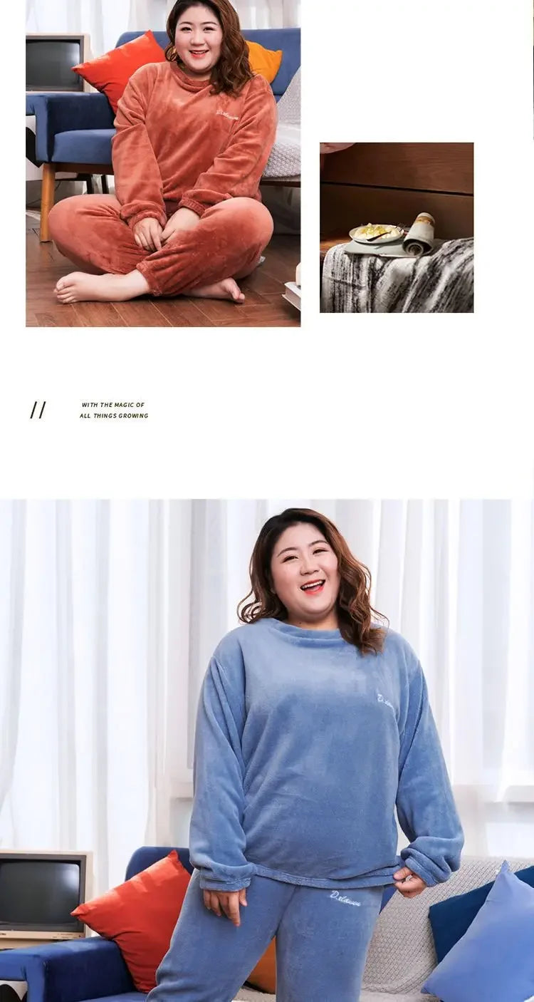 Winter Pajamas Coral Fleece Warm Pajamas Set Thick Long Sleeve Large Size 85kg Outside Pajamas Elastic Waist Trousers Pajama Set.
