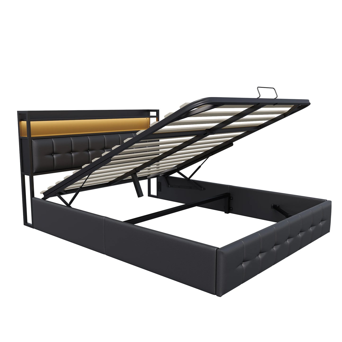 Rosahqnda Doppelbett 160 x 200 cm, mit Steckdose und LED, Kopfteil mit Stauraum und hydraulischem Stauraum, Schlafzimmer für Teenager, Leinen/PU