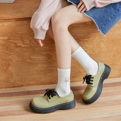 5 Pairs of White Women's Embroidered Socks for All Seasons Cotton Socks Mid-high Tube Student Cartoon Sports Socks.