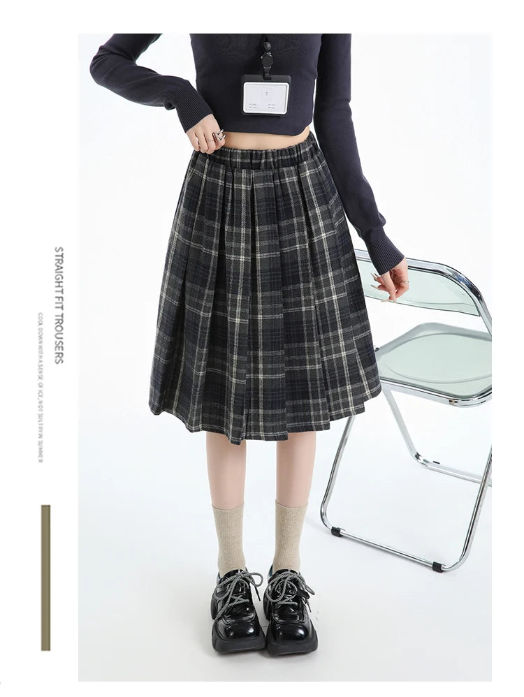 Preppy Style Woolen Pleated Plaid Skirt Women Fall Winter Retro Elastic High Waist Skirts Female Japanese A Line Faldas 2025 New.