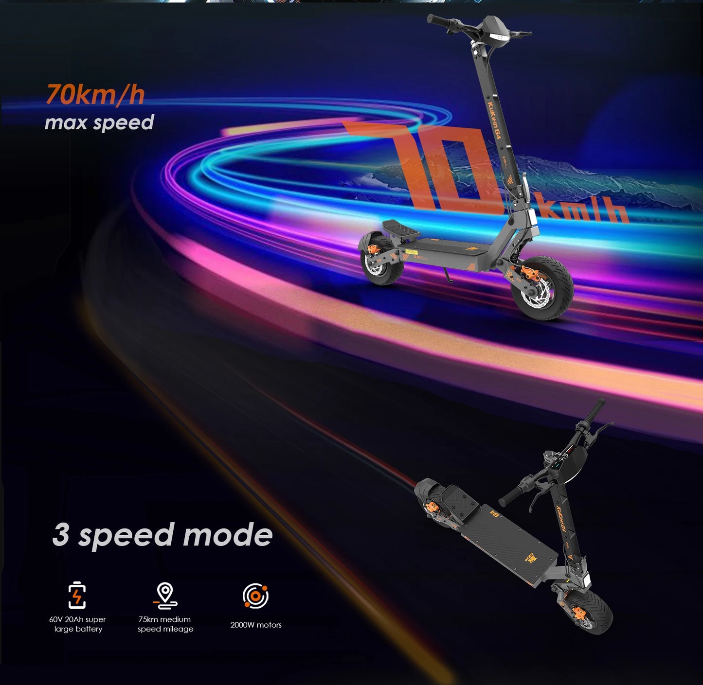 KuKirin G4 Electric Scooter EU Stock 2000W Motor 60V20Ah Baterry 70km/h Top Speed 11-Inch Off-Road Tires Folding E-Scooter.