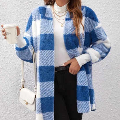 Frauen Herbst Winter Doppel Fleece Plaid Strickjacke Weiche Lose Lange Hülse Plüsch Warme Mit Kapuze Jacke Weibliche Patchwork Oberbekleidung Mantel