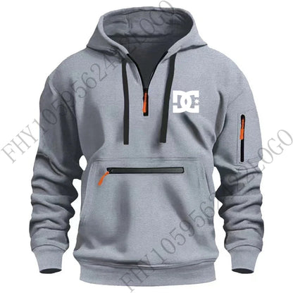 New men's hooded sportswear for autumn and winter 2025, long-sleeved multi-zipper pocket outdoor fishing casual pullover.