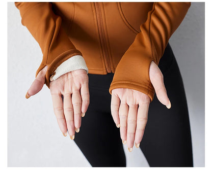 Damen Winter-Fleece-Yoga-Jacke mit durchgehendem Reißverschluss, langen Ärmeln, Workout, Activewear, Sport-Fleece-Yoga-Jacke mit Daumenloch