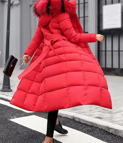 Neue Wintermode Langarm Pelzkragen Reißverschluss Einfarbig Slim Fit Lange Version Dicke Daunenjacke Mit Kapuze Für Frauen, 6 Farben.