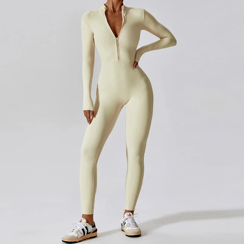 Zipper Long Sleeve Jumpsuit Gym Sportswear Women Yoga Boilersuit Women Sports Jumpsuit Fitness Rompers Stretch Workout Bodysuits.