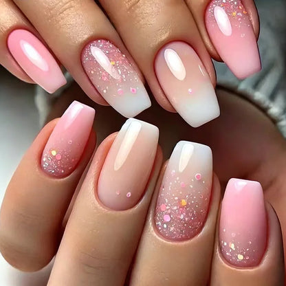 24Pcs Short False Nails with Shimmery Powder Ballet Nail Art Full Cover French Sheer Wearable Nail Manicure Tips for Girls Daily