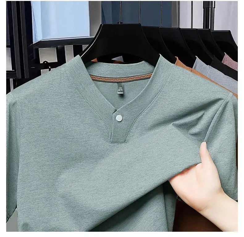 Men's T-shirt Classic V-Neck Short Sleeved Cotton Solid Button Super Soft High Quality L-4XL Casual Tshirt Design Men Tee Shirts.