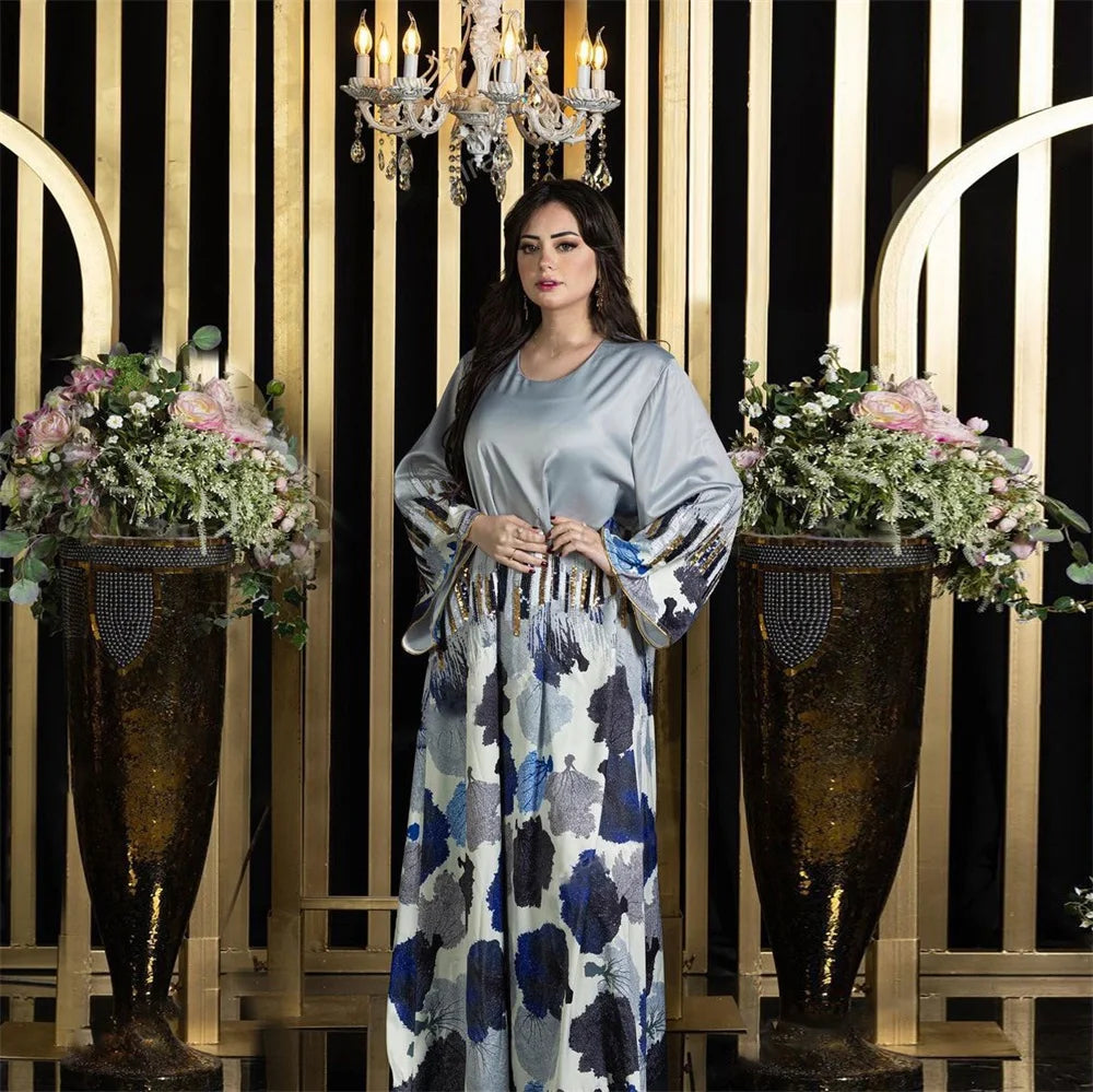 Siskakia Arab Saudi Printing Sequins Long Dresses Galabia Muslim Eid Women Abayas Islam Clothing Turkish African Kebaya 2024 New.