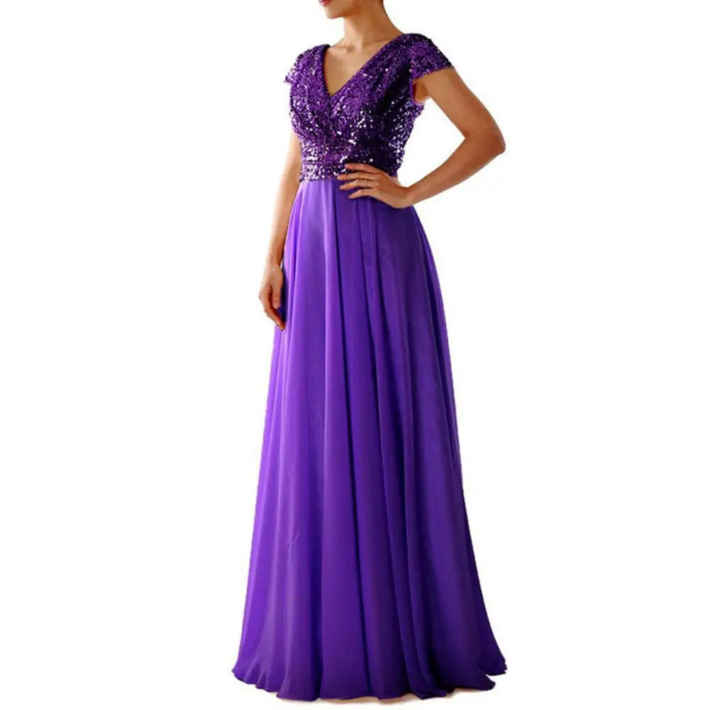 Elegantes Pailletten Chiffon Kleid für Frauen V-Ausschnitt Plissee Saum weibliche Pailletten Chiffon Abschluss ball Cocktail langes Kleid Hochzeit Abendkleid.