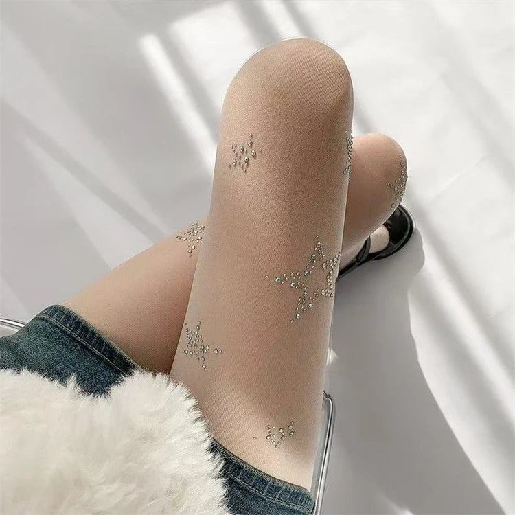 LOTDOOTN Y2K Tights Silver Star Print Pantyhose Women Girl Japanese Mesh Transparent Pantyhose Bow Star Tights Stockings Lolita.