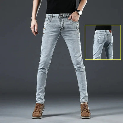 Slim Fit Men's Jeans Casual Elastic Korean Style Autumn Grey Trendy Long Pants Versatile Slim Legged Casual Trousers.