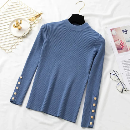 2025 Female Slim Knitted Soft Jumper Tops Autumn Winter Women Casual Sweater Pullovers Button Long Sleeve O-neck Chic Sweater.