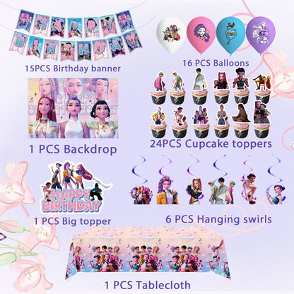 Neue Kpop Dämon Hunter Geburtstag Party Dekoration Geschirr Set Mädchen Luftballons Kuchen Topper Hintergrund Taschen Kinder Party Favor Supplies.
