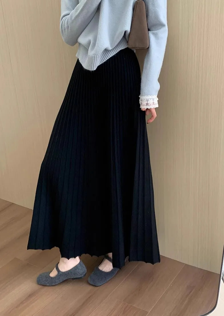 2026 Khaki Cashmere Knitted Midi Skirt for Women, Loose Fit, Draped, Slimming A-Line Pleated Skirt for Autumn and Winter