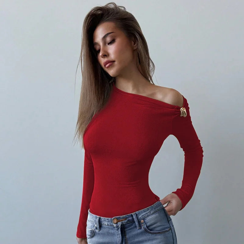 Blifanbo Oblique Shoulder Long Sleeve Tops For Women Metal Buckle Slim Fit Sexy Solid Color Bodycon Fashion BasicTop Streetwear.