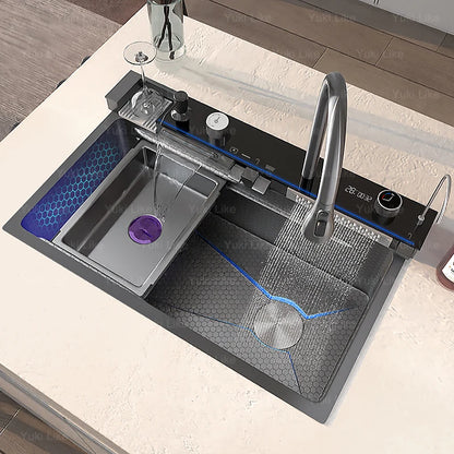 Küchenspüle, Wasserfallspüle aus Edelstahl, Digitalanzeige, große Einzelschüssel mit Multifunktions-Wasserfall-Wasserhahn, Waschbecken