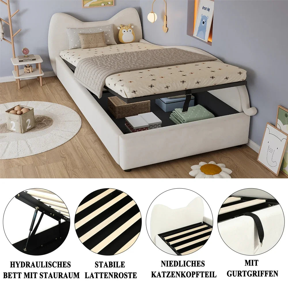 Polsterbett, Einzelbett, süßes Katzendesign, hydraulisches Bett mit Stauraum und Gürtelgriffen, stabiler Gitterrost, 90 x 200 cm