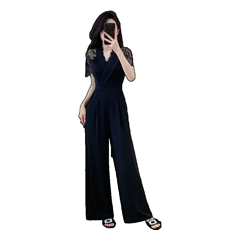V-neck Solid Office Jumpsuit Women Elegant High Waist Wide Leg Pants Overall 2025 Fashion Slim Hollow Solid Color Romper.